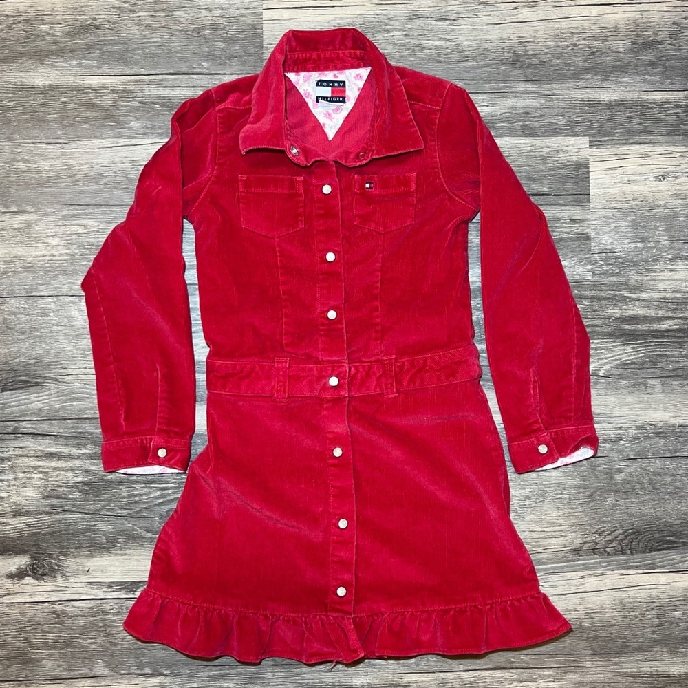 VTG Tommy Hilfiger Girls Red Corduroy Dress Size 5 Button Front Ruffle Hem